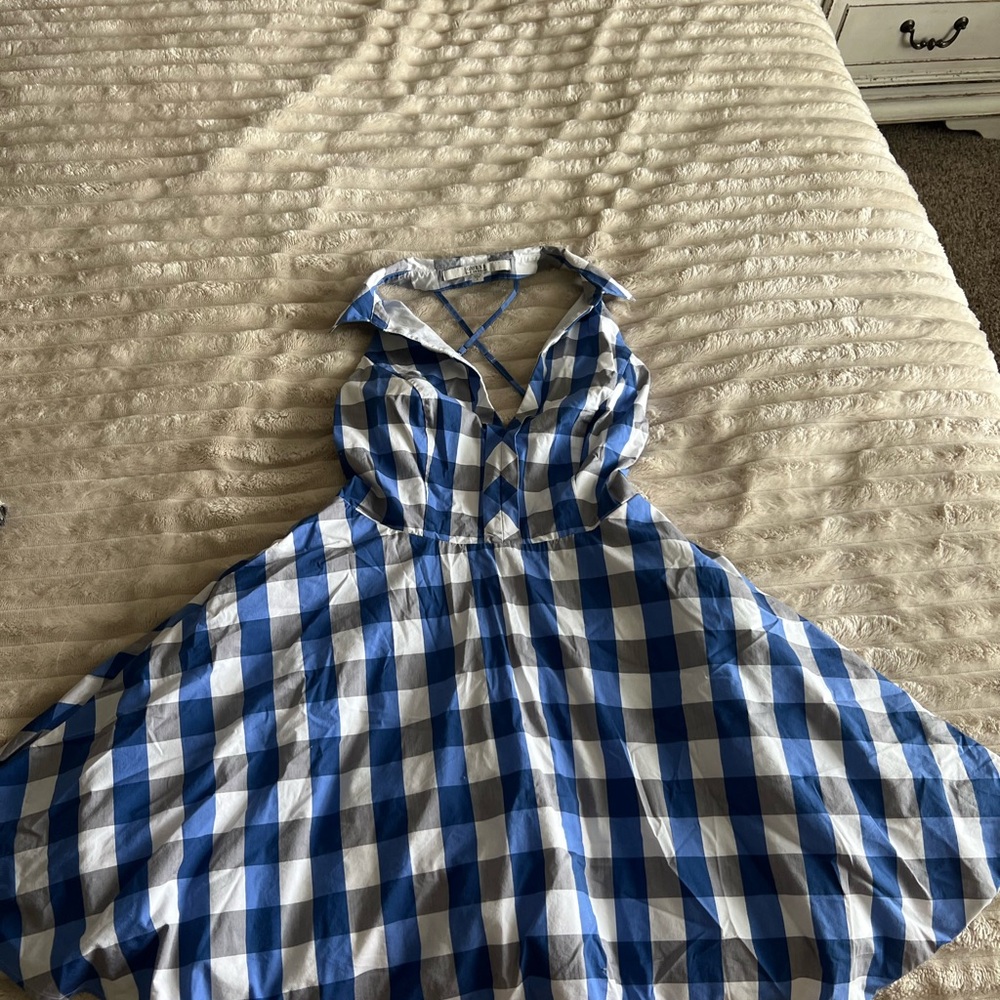 Guess Blue and White Plaid Halter Dress